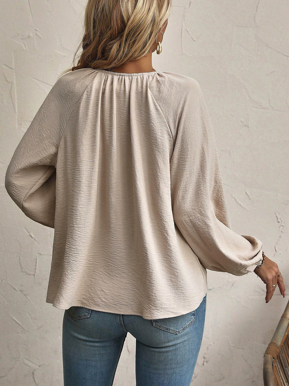 ZARA Raglan Sleeve Front Tie Small Collar Casual Loose Fit Long Sleeve Shirt - Picture 2 of 6